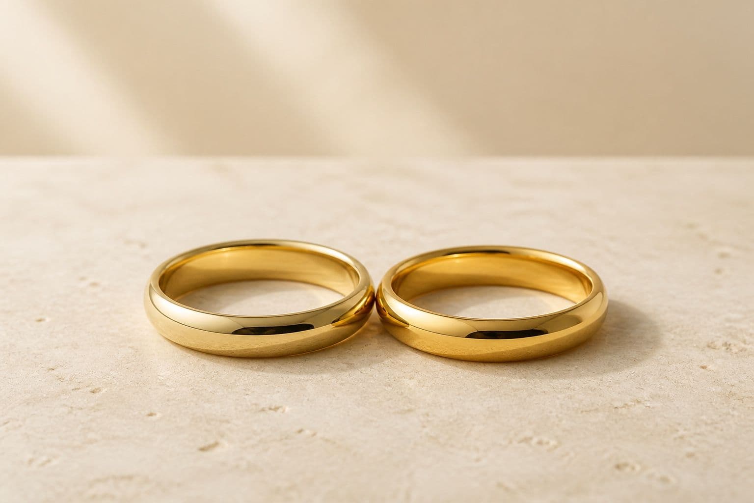 Două verighete din aur galben, fotografiate pentru comparația dintre aurul de 14K și 18K